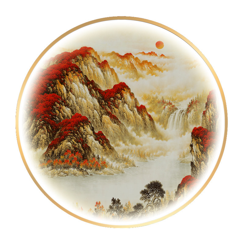 鸿运当头圆形带灯装饰画玄关客厅茶室挂画走廊过道新中式发光壁画