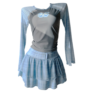 【海蓝格纹】女士分体泳衣甜妹运动长袖保守遮肉显瘦裙裤温泉套装