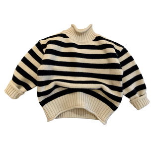 女童毛衣高领秋冬季男童加厚条纹内搭儿童宝宝针织打底加绒毛线衣