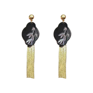 月下竹影 新中式金属流苏耳环女小众高级感复古气质黑色耳饰耳夹