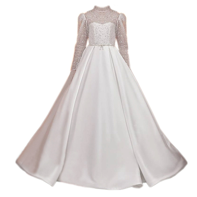 拖尾长袖礼服演出服露宝礼服洋气