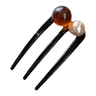 圆珠三齿u型发簪女高级感2025新款后脑勺盘发插梳丸子头发钗头饰