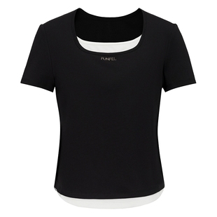 FF仿佛T恤女2025夏新款U型领拼接修身显瘦撞色短袖正肩假两件上衣