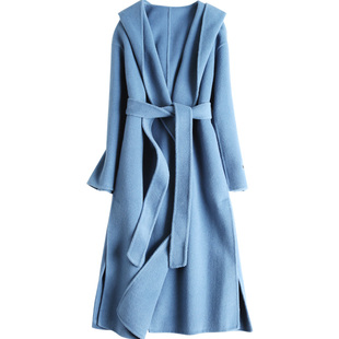 2026新款双面呢大衣女中长款连帽羊毛羊绒雾霾蓝毛呢外套