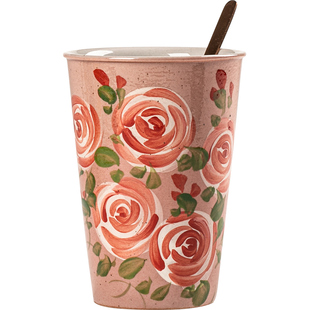 景德镇陶瓷可乐杯美陶手绘玫瑰花马克杯早餐牛奶杯办公室喝水杯子