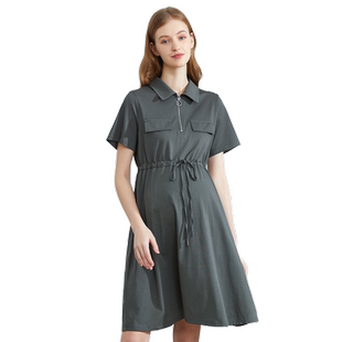 美国费雪孕妇连衣裙夏季新款外出时尚长款POLO领薄款上衣孕妇装