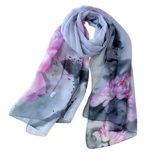 灰色荷花小丝巾女春夏季薄款纱巾柔软垂感围巾民族风披肩春秋冬季