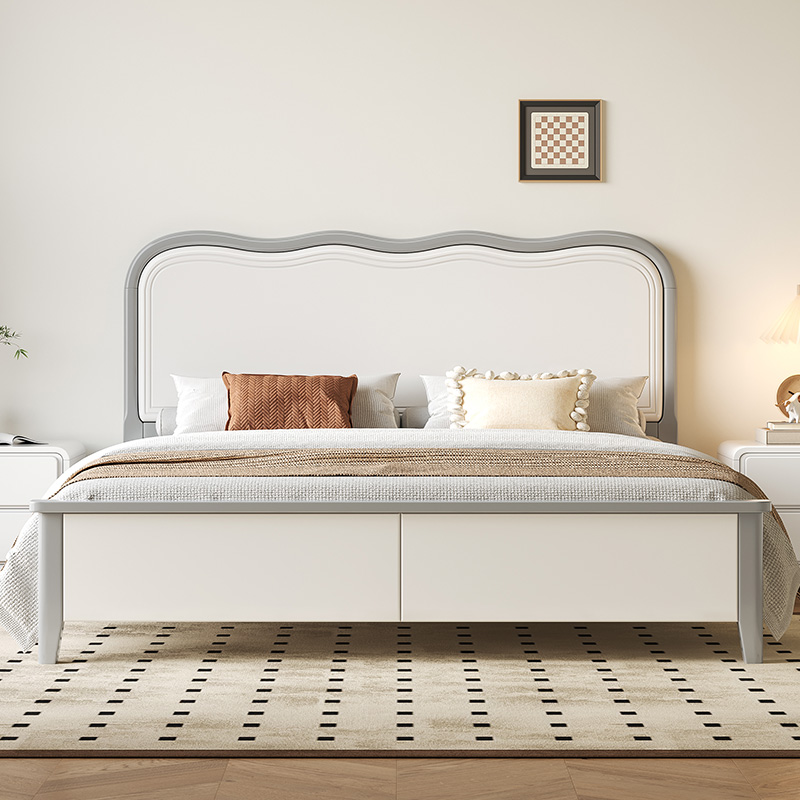 现代简约榉木实木床北欧奶油风白色轻奢1.8米主卧室家用双人大床