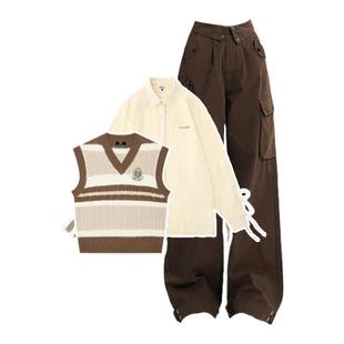 法国女童秋冬套装2025新款洋气衬衫马甲女孩学生时髦休闲工装裤炸