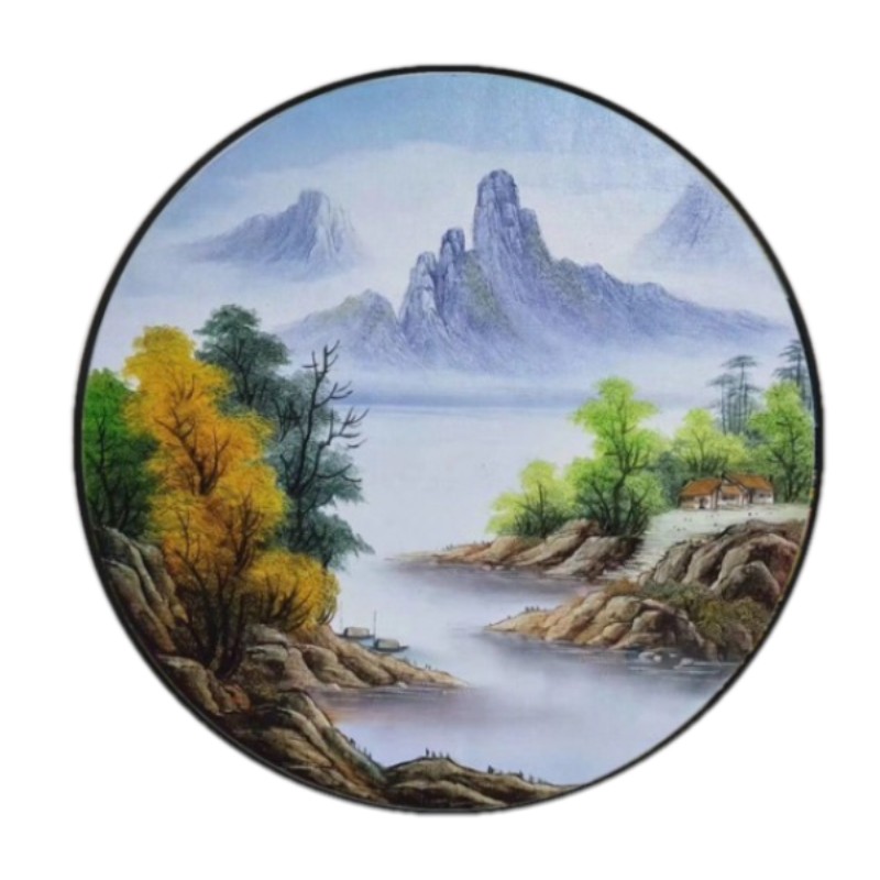 玄关纯手绘餐厅入户圆框风景油画