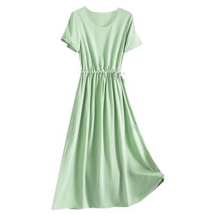 新款夏季竹节棉棉绸连衣裙女小个子纯色收腰裙子人造棉妈妈中长裙