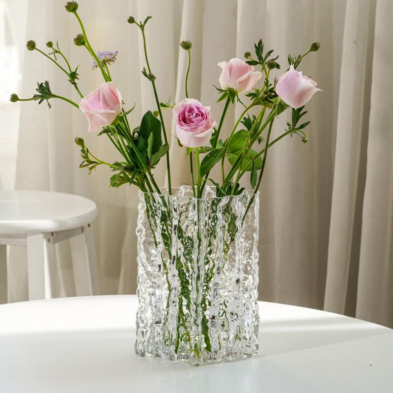 花瓶摆件客厅插花玻璃透明口径冰川感干花网鲜花水红高级养大ins