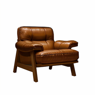 头层牛皮单人沙发椅中古风客厅家用阳台茶椅看书房创意休闲躺椅子