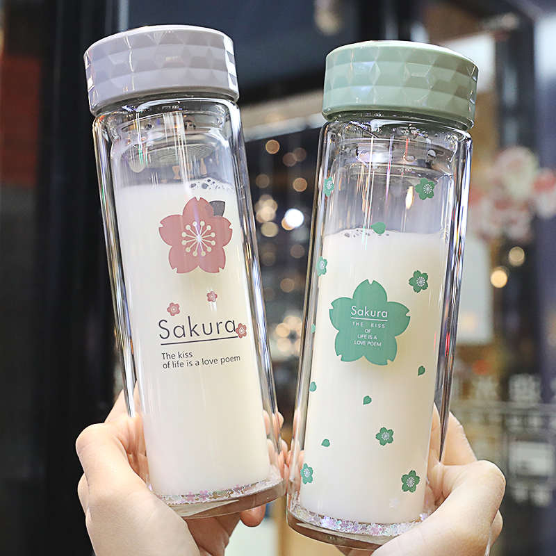 高颜值杯子韩式学生女双层隔热玻璃杯带滤网玻璃水杯女士泡花茶杯