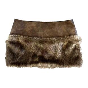 【AGD】RubyDoll PU皮裙半身裙女毛毛拼接棕色低腰复古机车包臀裙