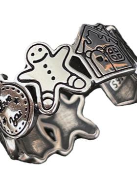 中性钛钢涂鸦姜饼人男潮百搭戒指