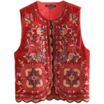 欧美女装   民族风重工亮片刺绣花天鹅绒小背心红色喜庆马甲开衫