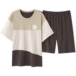 可人儿夏季男士纯棉睡衣夏天男款休闲圆领运动薄款外穿家居服套装