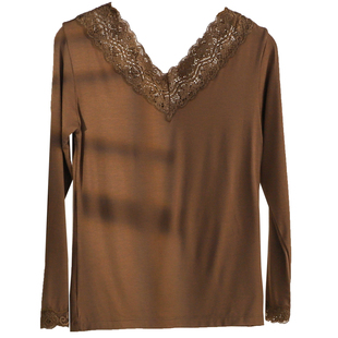 秋冬薄蕾丝花边V领T恤优雅莫代尔长袖打底衫女修身内搭外穿秋衣