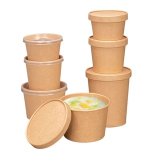 一次性牛皮纸汤桶汤杯商用粥桶带盖外卖加厚纸碗圆形打包盒可微波