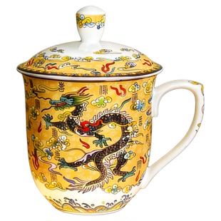 龙凤杯大杯茶杯景德镇陶瓷水杯子骨质瓷办公杯礼品杯带盖办公杯