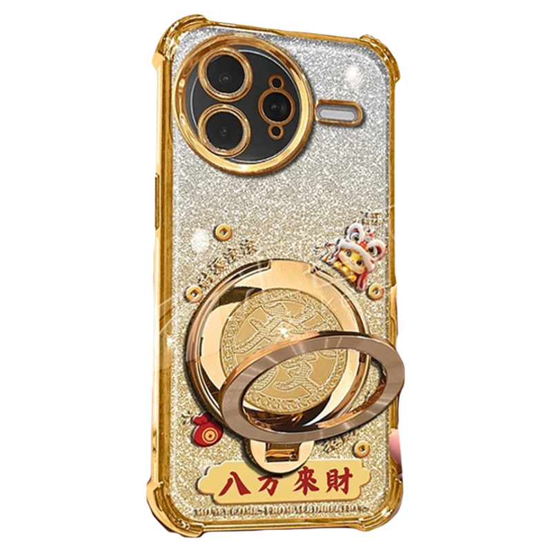 马年八方来财适用红米k80手机壳新款高级感金色电镀四角防摔k50防摔气囊發字旋转解压陀螺支架k90手机套女款