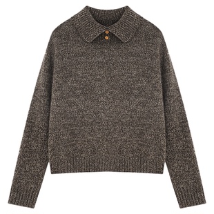 Basic House/百家好翻领咖色毛衣女冬季新款复古花纱宽松毛衫上衣