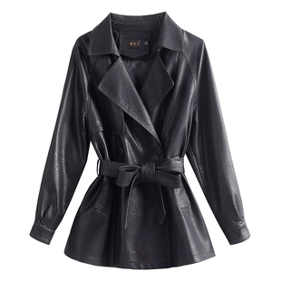 海宁真皮皮衣女士短款韩版系带收腰英伦风宽松显瘦皮风衣夹克外套