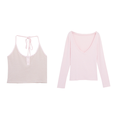 微胖mm粉色韩系长袖t恤套装大码早春显瘦短款辣妹吊带上衣两件套