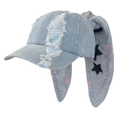 韩国newjeans同款兔耳朵鸭舌帽子牛仔水洗涂鸦甜酷嘻哈棒球帽
