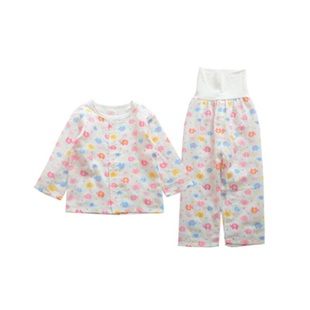 外贸夏季纯棉纱布护肚裤套装男女童薄睡衣开裆裤婴儿长袖睡衣睡裤