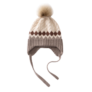 羊绒狐狸毛球儿童男女帽秋冬时尚保暖护耳针织羊毛线拼色护耳帽