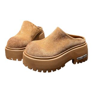 欧洲站加绒真皮大头芒果头厚底松糕勃肯鞋包头半拖鞋一脚蹬女鞋托