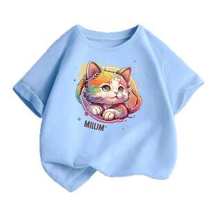 儿童短袖T恤卡通小猫图案宝宝纯棉上衣男童女童夏装半袖洋气童装t