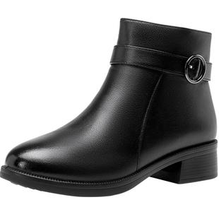 奥康女鞋冬季加绒保暖真皮妈妈棉鞋中老年粗跟舒适侧拉链皮短靴女