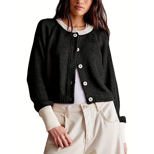 O 15866 Color Block Round Neck Cardigan 撞色圆领开衫 专