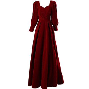 礼服轻奢小众高端聚会宴会方领新娘酒红色婚礼长款回门服平时可穿