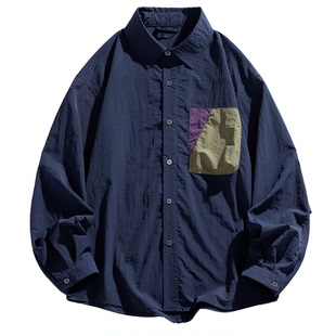 悟空有货潮牌撞色口袋设计感长袖衬衫男春秋宽松百搭休闲衬衣外套