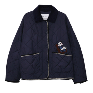 MOVEUP幻走2025冬季新款.FUN系列圆角领包边熊猫绣花短款棉外套女