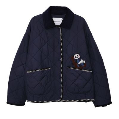 MOVEUP幻走2025冬季新款.FUN系列圆角领包边熊猫绣花短款棉外套女