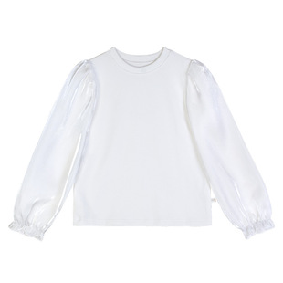 LittleNaive冬季儿童加绒打底衫法式长袖t恤女童白色流光缎上衣