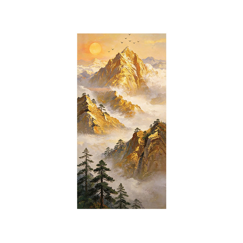 新中式手绘油画日照金山入户正对门客厅挂画高级感壁画玄关装饰画