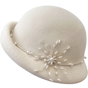 优雅粗沿羊毛呢盆帽女秋冬季法式复古珍珠礼帽保暖时尚名媛贝雷帽