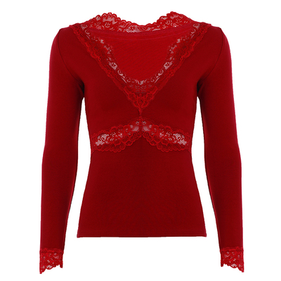 红色深V领蕾丝拼接长袖T恤女