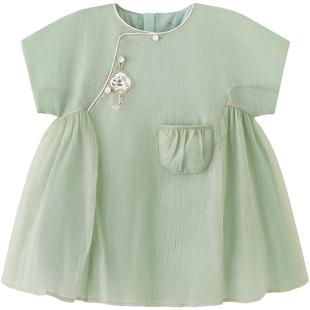 英氏女童连衣裙夏季短袖新中式女宝宝国风裙薄款儿童裙子2025新款