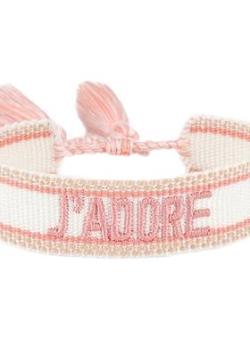 法式浪漫手作粉色波西米亚流苏编织手环抽拉手链字母刺绣度假仙女