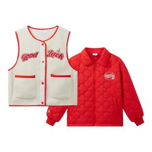 新年红色安踏儿童女大童两件套上衣2025春新款羊羔绒马甲厚外套