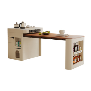 小户型实木多功能岩板导倒岛台可伸缩折叠吃饭办公一体家用餐桌椅