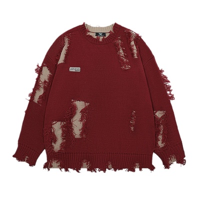 NOONOZ美式圆领不规则破洞毛衣