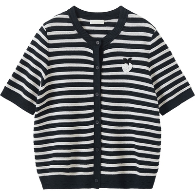 播商场同款正肩条纹短袖针织衫女秋季新款宽松上衣BDS3UD3703